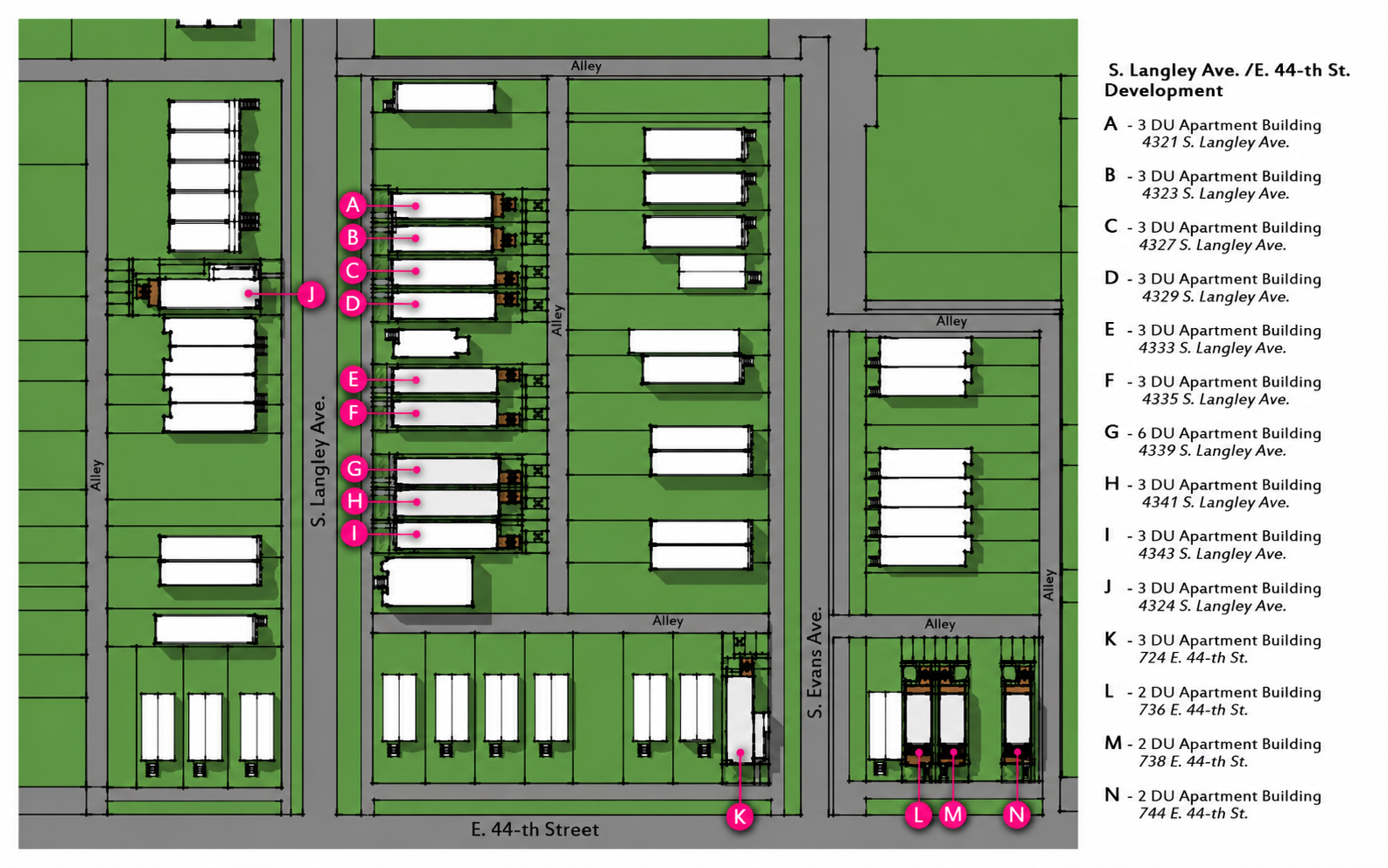 S. Langley Ave. and E. 44th St. development site map
