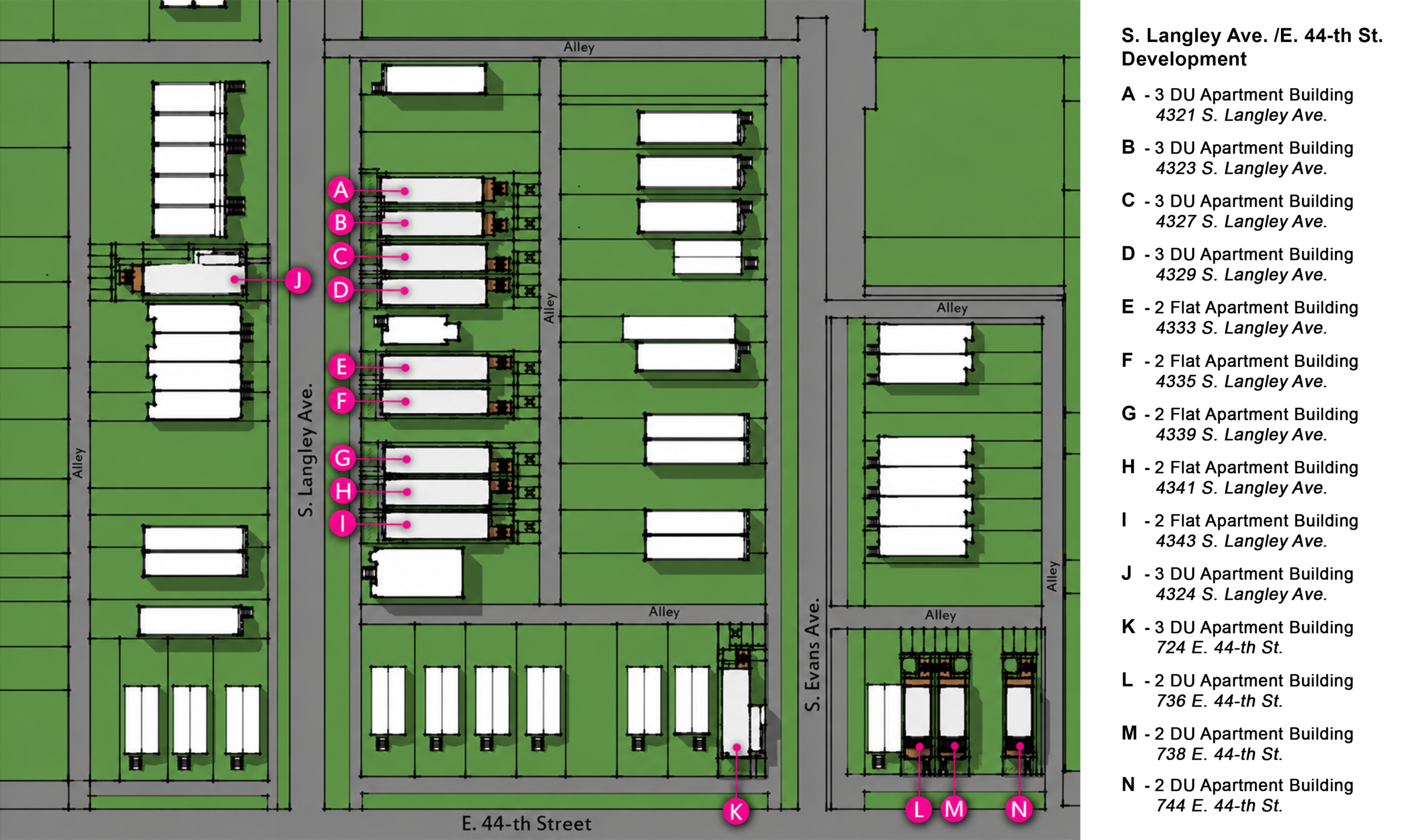 S. Langley Ave. and E. 44th St. development site map